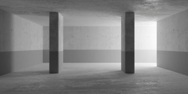 Abstract large, empty, modern concrete room, half painted walls and two pillars in the center and concrete rough floor - industrial interior background template, 3D illustration
