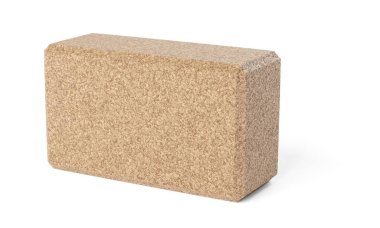 Single yoga or pilates block made from natural cork standing on white background, 3D illustration