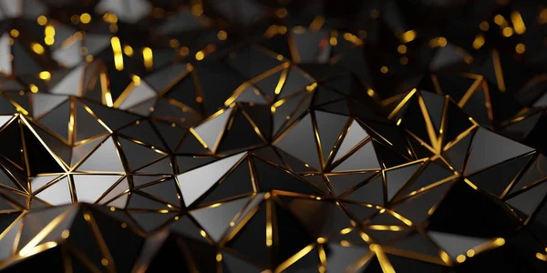 Abstract black polygon geometry triangle mosaic background with gold inlays with selective focus, 3D illustration