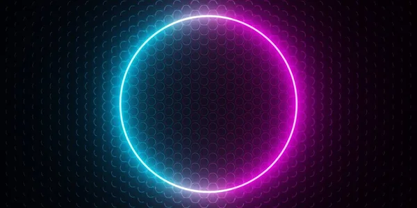 Blue and pink neon circle over dark perforated metal grill texture, retro 80s cyberpunk abstract background, 3D illustration