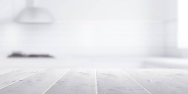 Boş ahşap masa üstü odak ışıkları olmayan modern beyaz mutfak arka planı, 3 boyutlu illüstrasyon