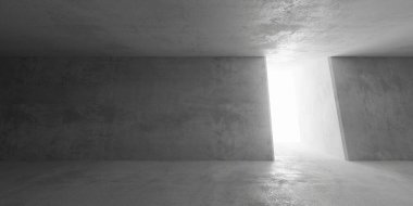 Abstract large, empty, modern concrete room, opening in sloped back wall and rough floor - industrial interior background template, 3D illustration