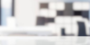 Empty white shiny table top with out of focus modern office background, object or infographic background mockup template, 3D illustration