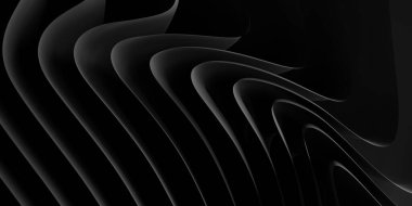 Close up of modern abstract wave or curve shaped bend black paper background from above, 3D illustration