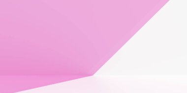 Soyut minimal modern oda pembe ve beyaz köşegen bölünmüş duvarlar ve zemin, ürün ekran arkaplanı, 3 boyutlu illüstrasyon