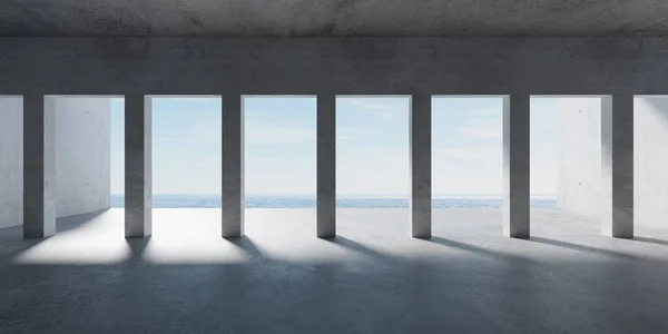 Geniş Boş Modern Beton Oda Sütunlarla Dolu Okyanus Manzaralı Kaba — Stok fotoğraf