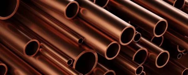 Close up of stacked copper pipes or tubes background, construction or manufacturing materials concept, 3D illustration
