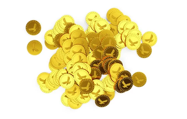 白い背景 宝や富の概念 上からのフラットレイ上のトップビュー 3Dイラスト上のイーグルシンボルを持つ金のコインのヒープ — ストック写真