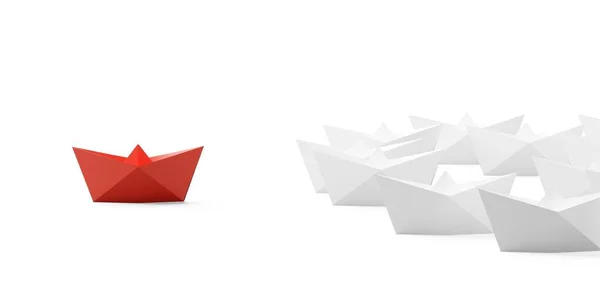 白い背景 リーダー チームまたはビジネス管理や方向の概念 3Dイラスト上の白い紙のボートのグループの前に赤い紙のボート — ストック写真