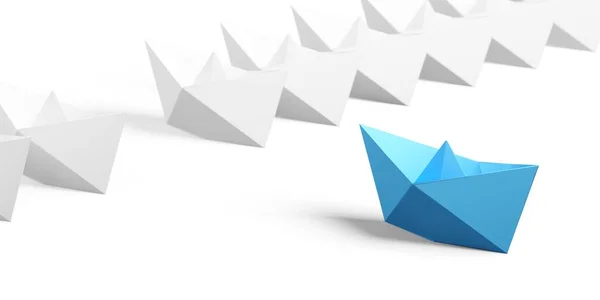 白い背景 リーダー チームまたはビジネス管理または方向の概念 3Dイラスト上の白い紙のボートの行の前に青い紙のボート — ストック写真