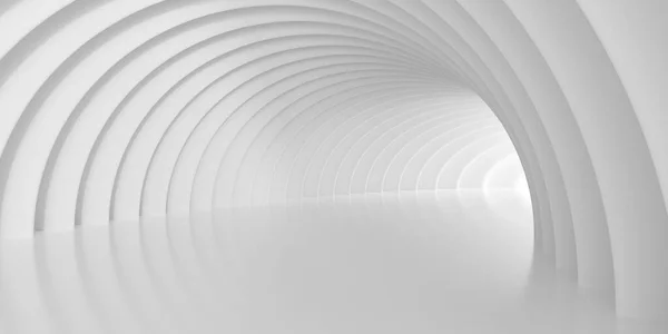 白い空の抽象的なトンネルや廊下の背景 垂直方向の曲線パターンを持つ壁 背部から照明 3Dイラスト — ストック写真
