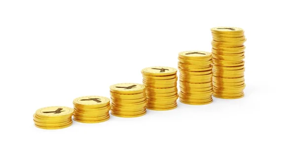 Steigende Stapel Von Goldmünzen Auf Weißem Hintergrund Finanzen Schatz Oder — Stockfoto