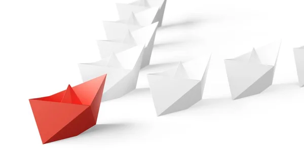 Rode Papieren Boot Voor Twee Rijen Van Witte Papieren Boten — Stockfoto