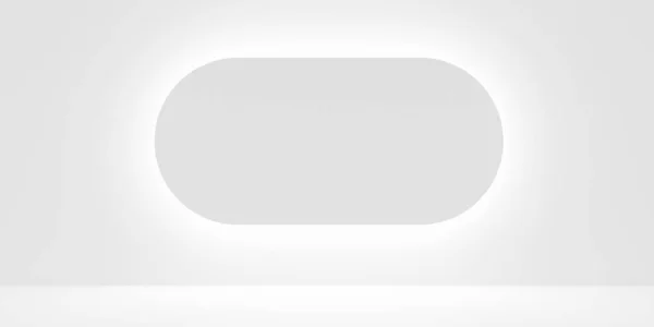背壁に楕円形のバックライト付き幾何学的形状を持つ白い空 空白の きれいな部屋 製品プレゼンテーションテンプレートの背景 3Dイラスト — ストック写真