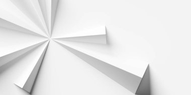Merkez geometrik arkaplan duvar kağıdı pankart deseninden büyük beyaz üçgen şekilleri yukarıdan düz görünüm, 3D illüstrasyon
