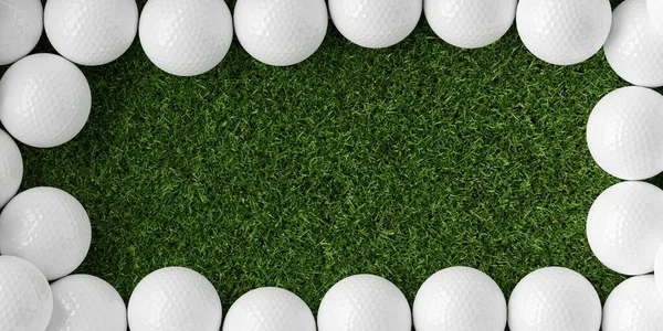 白色高尔夫球边或框架绿草背景与复制空间顶部视图 从上方 3D插图 — 图库照片