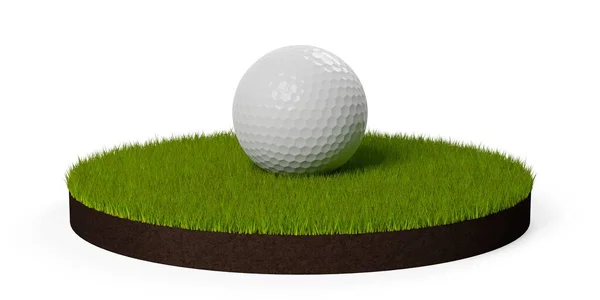 Enkelt Hvid Golfbold Grønt Græs Patch Med Jord Hvid Baggrund - Stock-foto