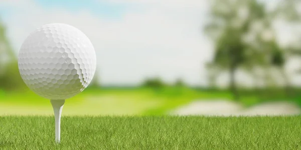 White golf ball on white golf tee close up with golf course fairway background with copy space, golf sports or activity concept, 3D illustration