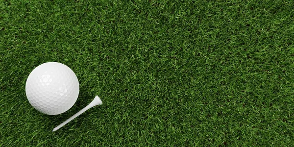 在绿草背景上的一个白色高尔夫球 旁边有白色的球座 上面有复制的空间顶视图 3D插图 — 图库照片