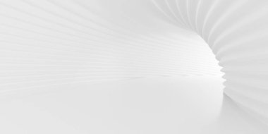 Beyaz soyut tünel ya da koridor arkaplanı, yatay eğri desenli duvarlar, arkadan aydınlatılmış, 3 boyutlu illüstrasyon