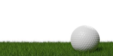 Yeşil çimlerin üzerinde beyaz golf topu ya da beyaz arkaplanda fotokopi alanı, 3 boyutlu illüstrasyon