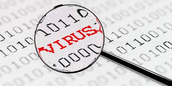 Lupa Lupa Que Mira Código Binario Con Virus Palabra Incrustado — Foto de Stock