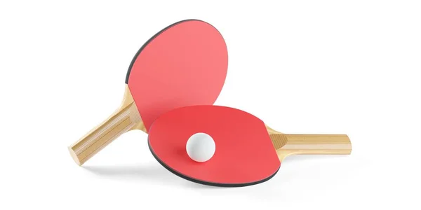 Zwei Rote Tischtennisplatten Oder Tischtennisschläger Mit Tischtennisball Auf Weißem Hintergrund — Stockfoto