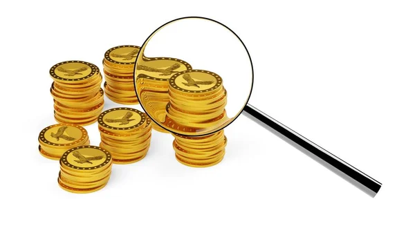 Lupa Lupa Mirando Pilas Monedas Oro Sobre Fondo Blanco Concepto —  Fotos de Stock