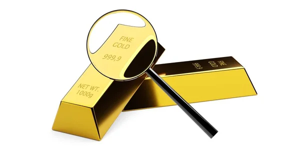 Magnifying Glass Magnifier Looking Gold Ingot Bar Bullion White Background — Stock Photo, Image