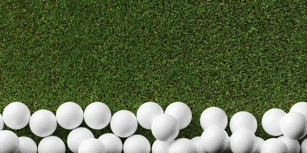 白色高尔夫球边缘的框架底部 绿草背景与复制空间顶部视图 从上方 3D插图 — 图库照片