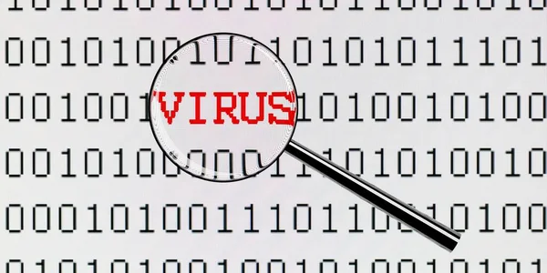 Lupa Lupa Que Mira Código Binario Con Virus Palabra Incrustado — Foto de Stock