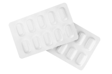 Beyaz zemin üzerinde izole edilmiş iki beyaz hap paketi yukarıdan üst görünüm, ilaç, eczane veya uyuşturucu konsepti, 3D illüstrasyon