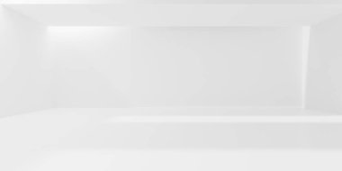 Tavan aralıklarından ışık alan boş beyaz iç oda, modern mimari veya ürün sunum şablonu arka plan, 3D illüstrasyon