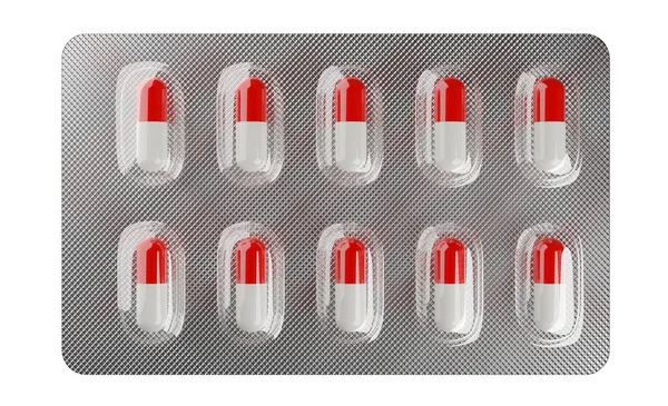 Красные Белые Капсулы Таблетки Упаковке Пузыря Таблетки Изолированы Белом Фоне — стоковое фото