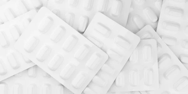 Λευκές Συσκευασίες Blister Χάπι Πλαίσιο Πλήρωση Φόντο Επίπεδη Lay Top — Φωτογραφία Αρχείου