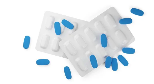 Kék Tabletta Szétszórva Két Fehér Tabletta Buborékcsomagolás Izolált Fehér Háttér — Stock Fotó