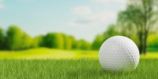 Witte Golfbal Close Groen Gras Gazon Met Golfbaan Fairway Achtergrond — Stockfoto