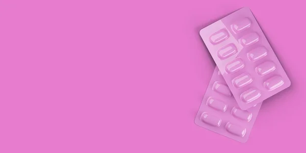 ピンクの錠剤ブリスターパックピンクの背景フラットレイ上からトップビュー 女性の健康コンセプト 女性のニーズのための特別な薬 コピースペース 3Dイラスト — ストック写真