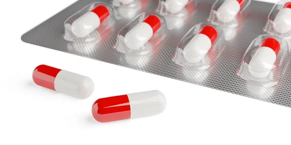 Cápsulas Comprimidos Vermelhos Brancos Blister Comprimidos Sobre Fundo Branco Com — Fotografia de Stock