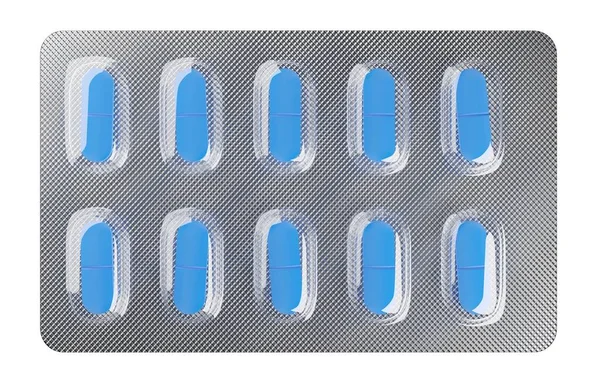 Синие Таблетки Таблетки Упаковке Таблетки Волдырь Изолированы Белом Фоне Плоский — стоковое фото