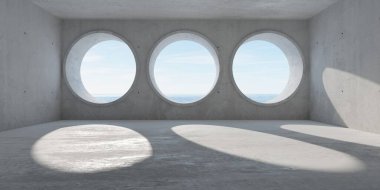 Soyut, boş, modern beton oda okyanus arka planı ve pürüzlü zemini olan üç sıralı yuvarlak tüp açılımı - endüstriyel iç mekan şablonu, 3 boyutlu illüstrasyon
