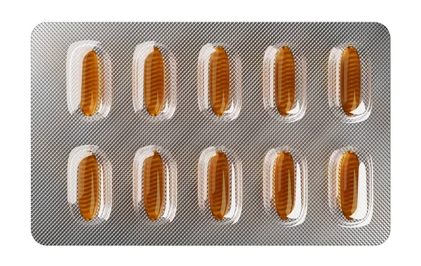 Halolaj Kapszula Tabletta Buborékcsomagolásban Elszigetelt Fehér Alapon Halolaj Egy Omega — Stock Fotó
