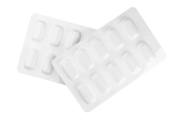 Zwei Weiße Pillenblisterverpackungen Isoliert Auf Weißem Hintergrund Flache Draufsicht Von — Stockfoto
