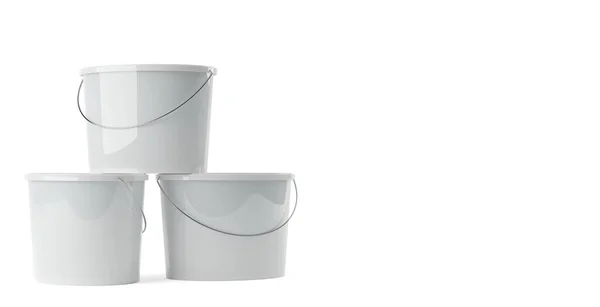 Three White Plastic Paint Buckets White Background Home Improvement Renovation — Stock Photo, Image
