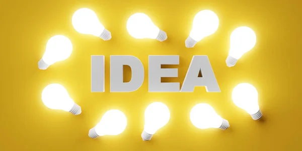 オレンジの背景 革新性または創造性の概念 3Dイラストに白い単語のアイデアを囲む電球 — ストック写真
