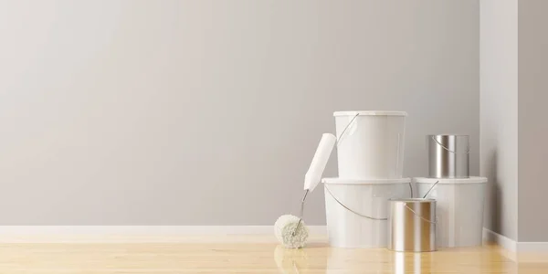Paint Roller Leaning White Paint Buckets Paint Cans Empty Room — Stock Photo, Image