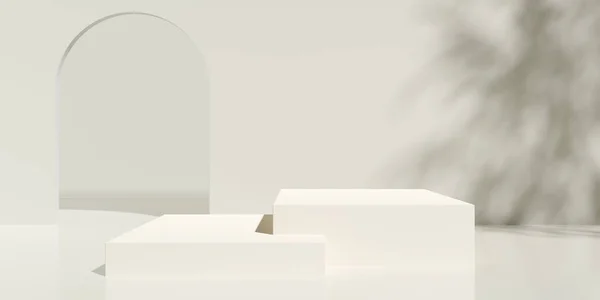 木の影と背面の壁 製品やデザインの配置テンプレート 3Dイラスト上のドアフレームとパステルグリーンの部屋の背景に2つの空 空白の 立方体の形の表彰台やデイジー — ストック写真