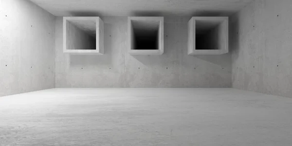 抽象3つのオープンコンクリート正方形のチューブとラフフロアと大規模 空の近代的なコンクリートの部屋 産業インテリア背景テンプレート 3Dイラスト — ストック写真