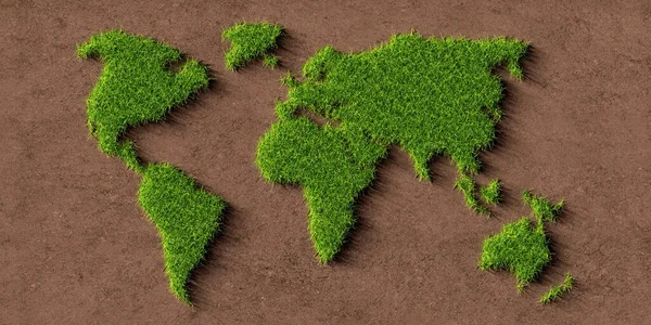 緑の芝生の世界地図や茶色の土壌の背景 環境や生態系の概念 3Dイラスト上の地球 — ストック写真