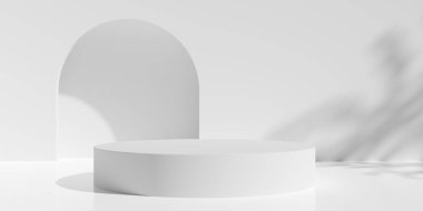 Beyaz oda arka planında boş, boş, yuvarlak podyum ya da kürsü arka duvarında ağaç gölgesi ve kapı çerçevesi, ürün ya da tasarım yerleştirme şablonu, 3 boyutlu resimleme